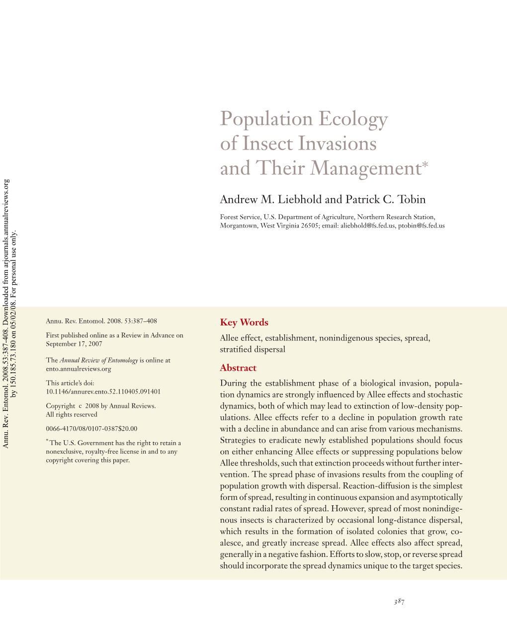 Population Ecology of Insect Invasions and Their Management*