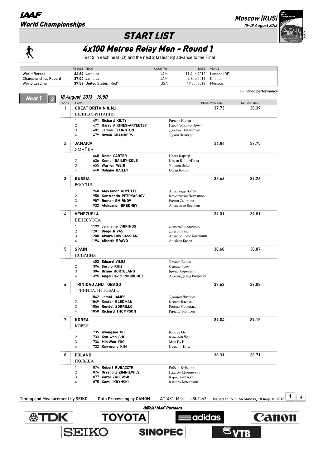START LIST 4X100 Metres Relay Men - Round 1 First 2 in Each Heat (Q) and the Next 2 Fastest (Q) Advance to the Final