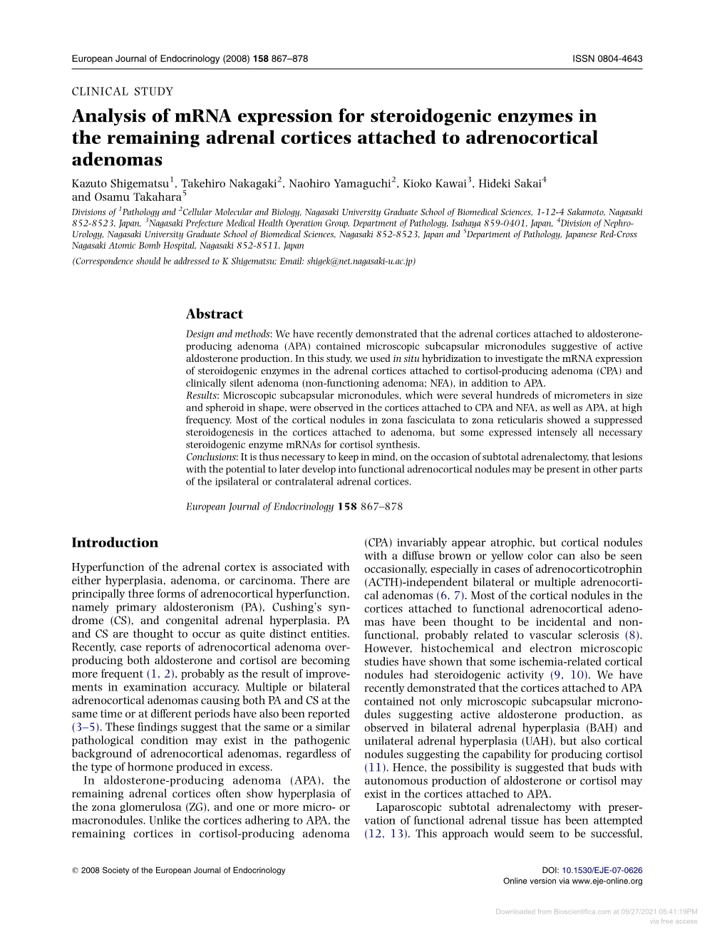 Analysis of Mrna Expression for Steroidogenic Enzymes in The