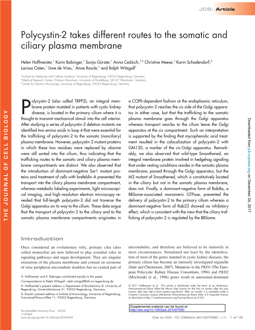 Polycystin-2 Takes Different Routes to the Somatic and Ciliary Plasma Membrane