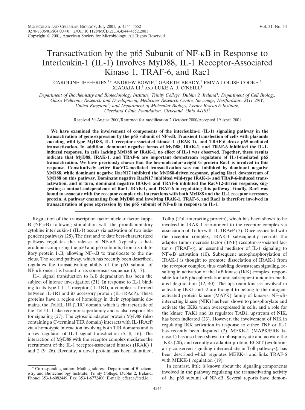 Transactivation by the P65 Subunit of NF-B in Response to Interleukin-1