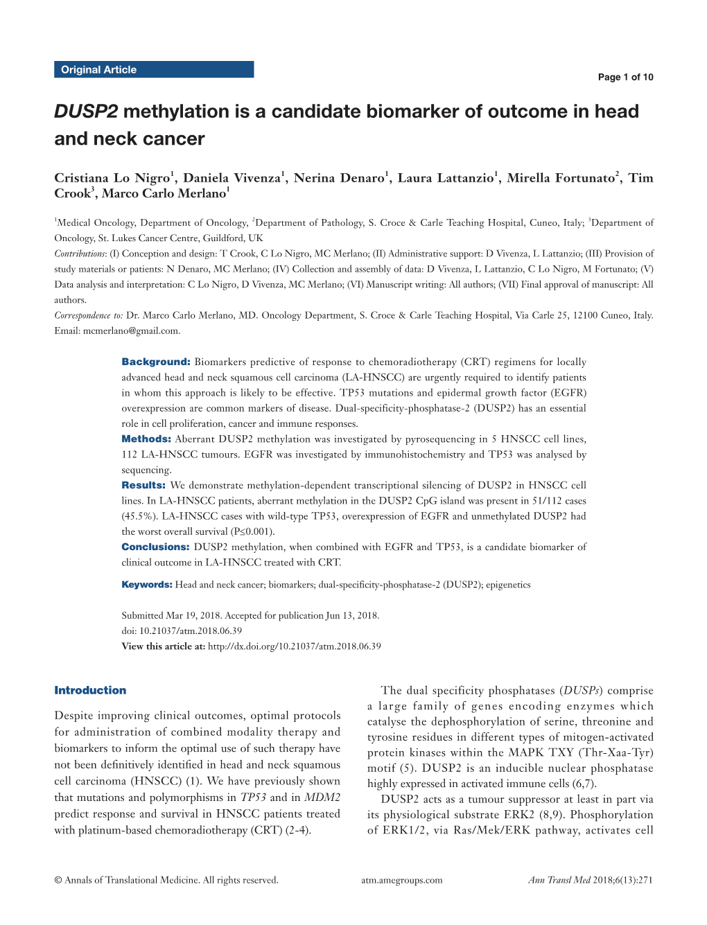 DUSP2 Methylation Is a Candidate Biomarker of Outcome in Head and Neck Cancer