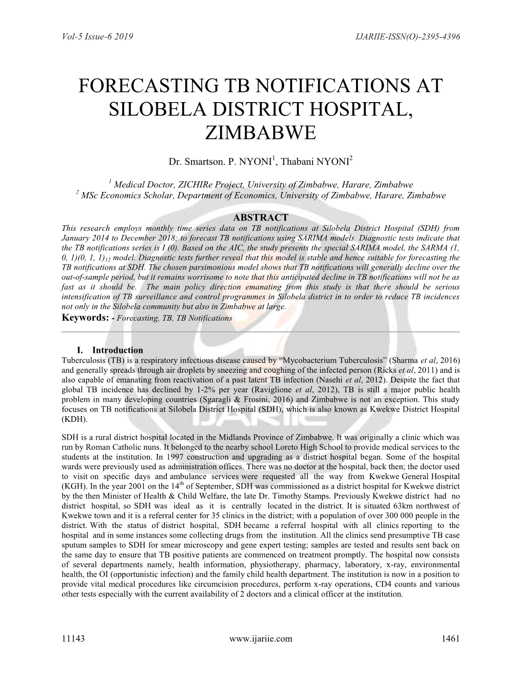 Forecasting Tb Notifications at Silobela District Hospital, Zimbabwe