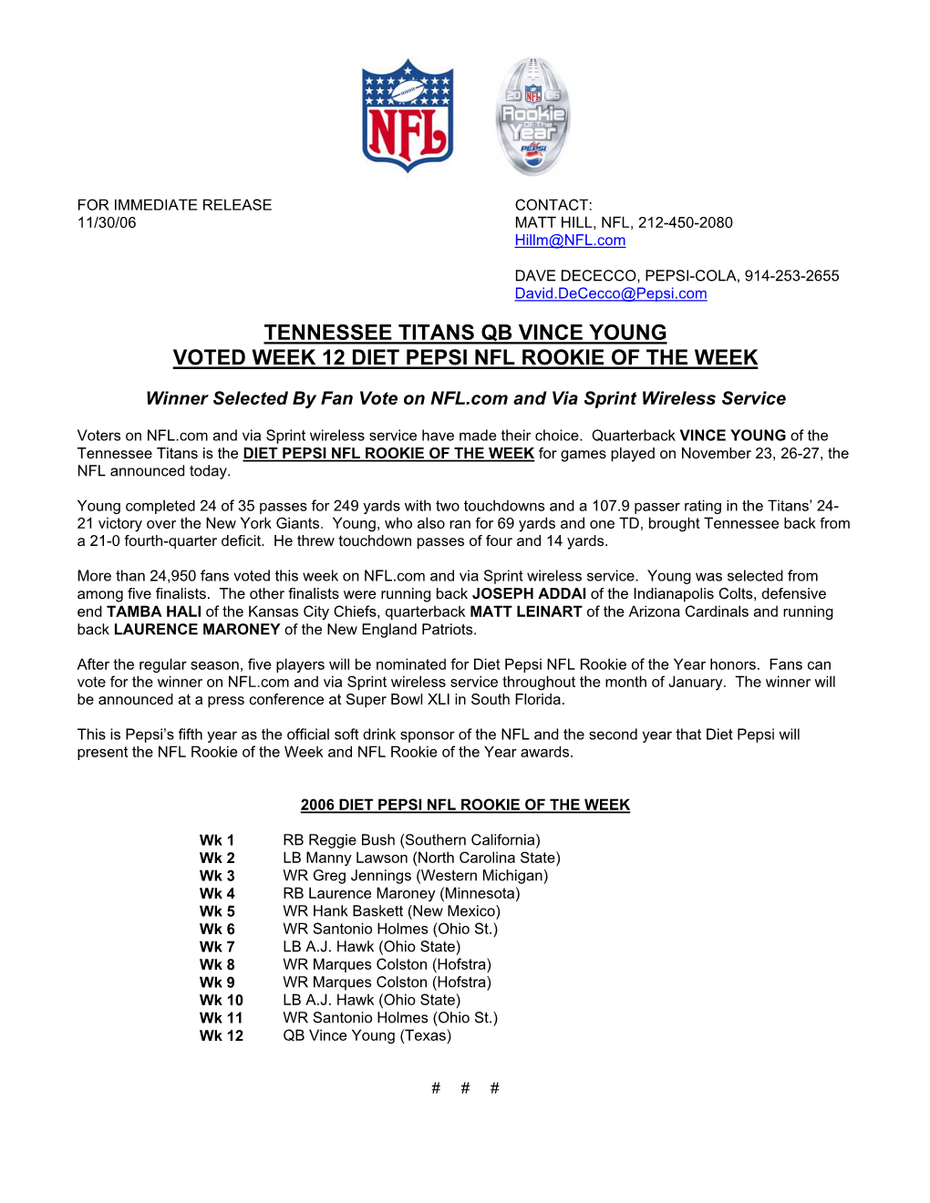 Tennessee Titans Qb Vince Young Voted Week 12 Diet Pepsi Nfl Rookie of the Week