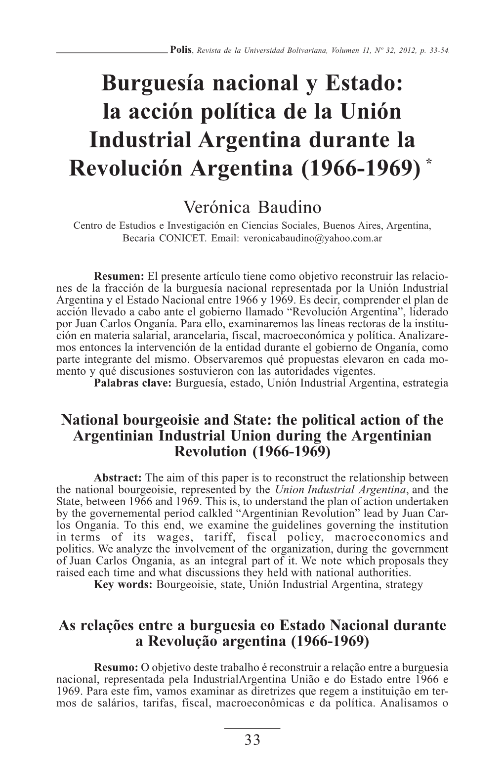 Burguesía Nacional Y Estado: La Acción Política De La Unión Industrial Argentina Durante La Revolución Argentina (1966-1969