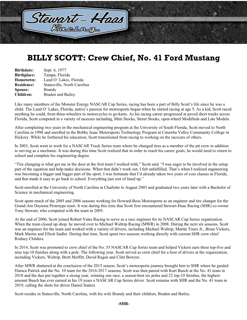 BILLY SCOTT: Crew Chief, No. 41 Ford Mustang