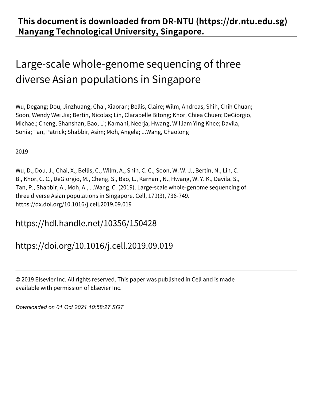 Large‑Scale Whole‑Genome Sequencing of Three Diverse Asian Populations in Singapore