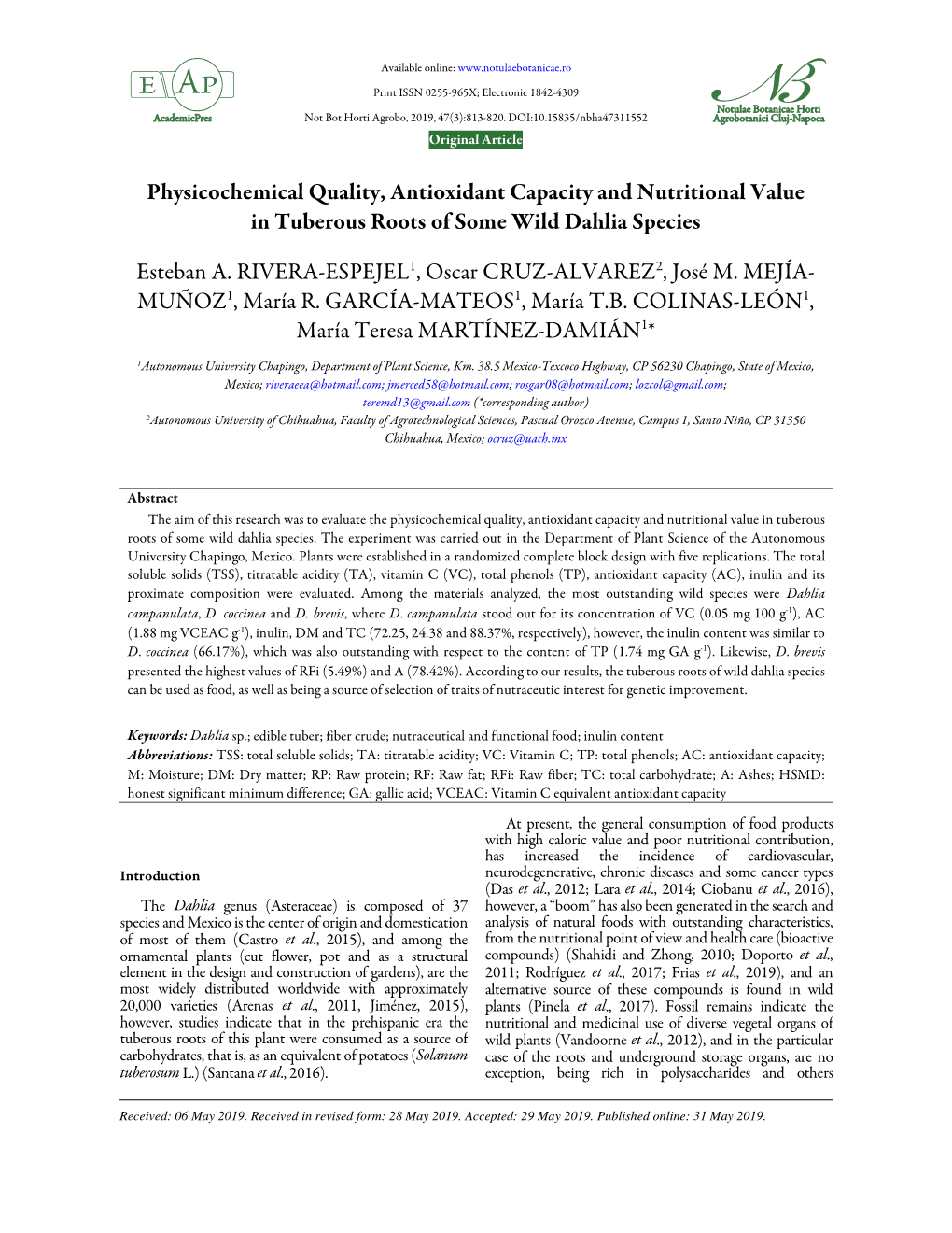 Physicochemical Quality, Antioxidant Capacity and Nutritional Value in Tuberous Roots of Some Wild Dahlia Species