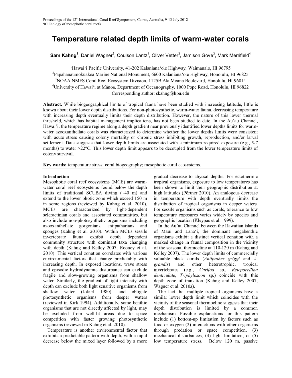 Temperature Related Depth Limits of Warm-Water Corals