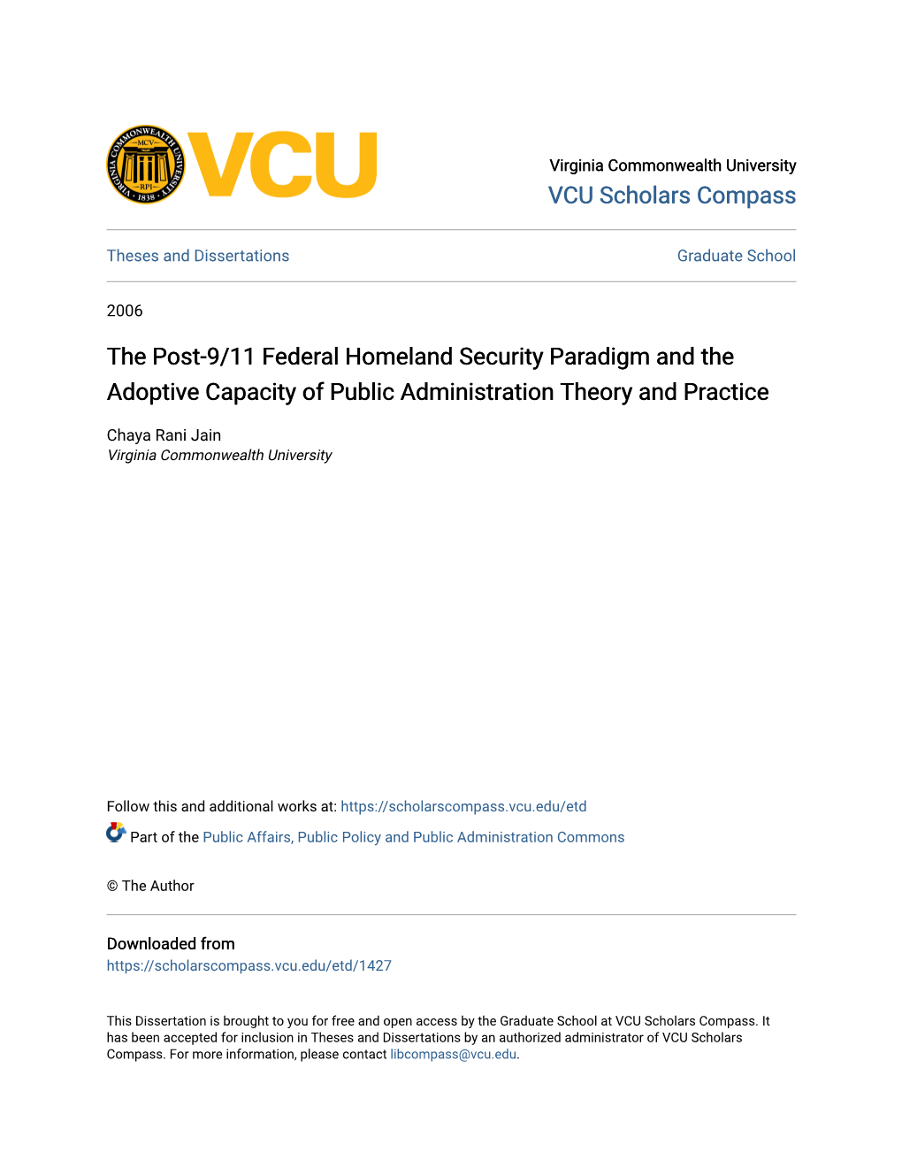 The Post-9/11 Federal Homeland Security Paradigm and the Adoptive Capacity of Public Administration Theory and Practice