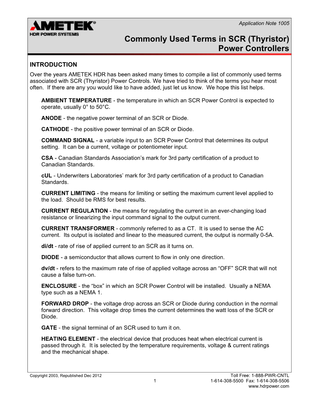 Commonly Used Terms in SCR (Thyristor) Power Controllers