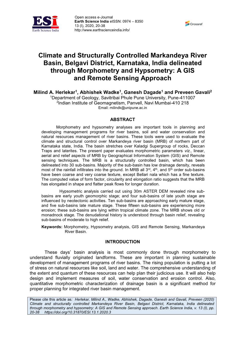 Climate and Structurally Controlled Markandeya River Basin, Belgavi