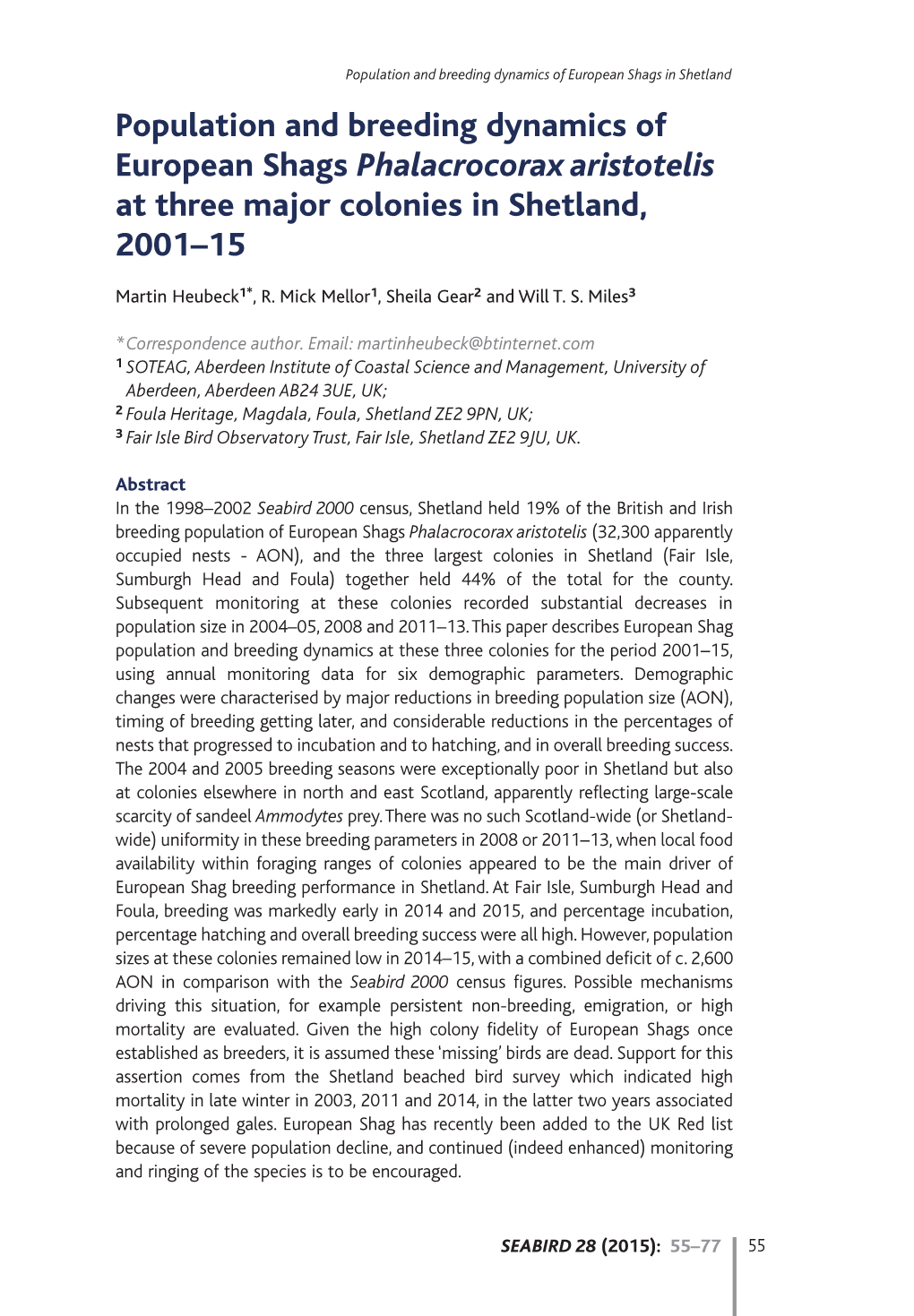 Population and Breeding Dynamics of European Shags Phalacrocorax Aristotelis at Three Major Colonies in Shetland, 2001–15