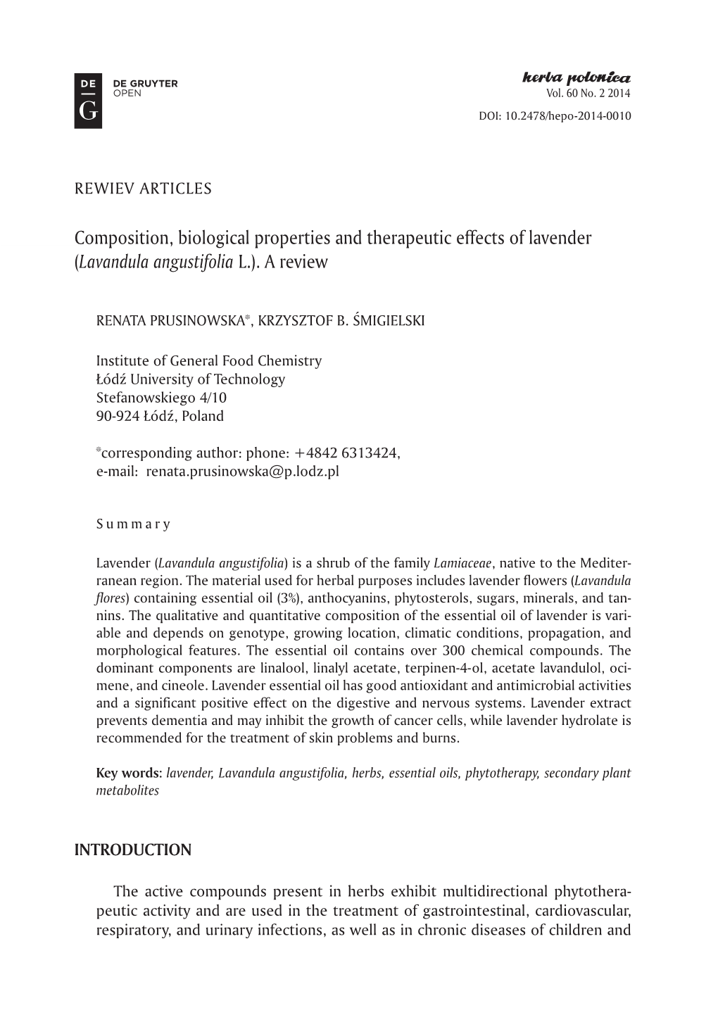 Composition, Biological Properties and Therapeutic Effects of Lavender (Lavandula Angustifolia L.)