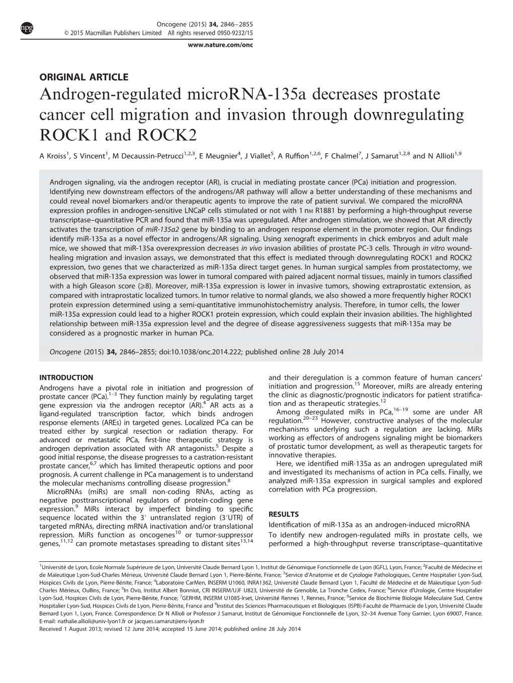 Androgen-Regulated Microrna-135A Decreases Prostate Cancer Cell Migration and Invasion Through Downregulating ROCK1 and ROCK2
