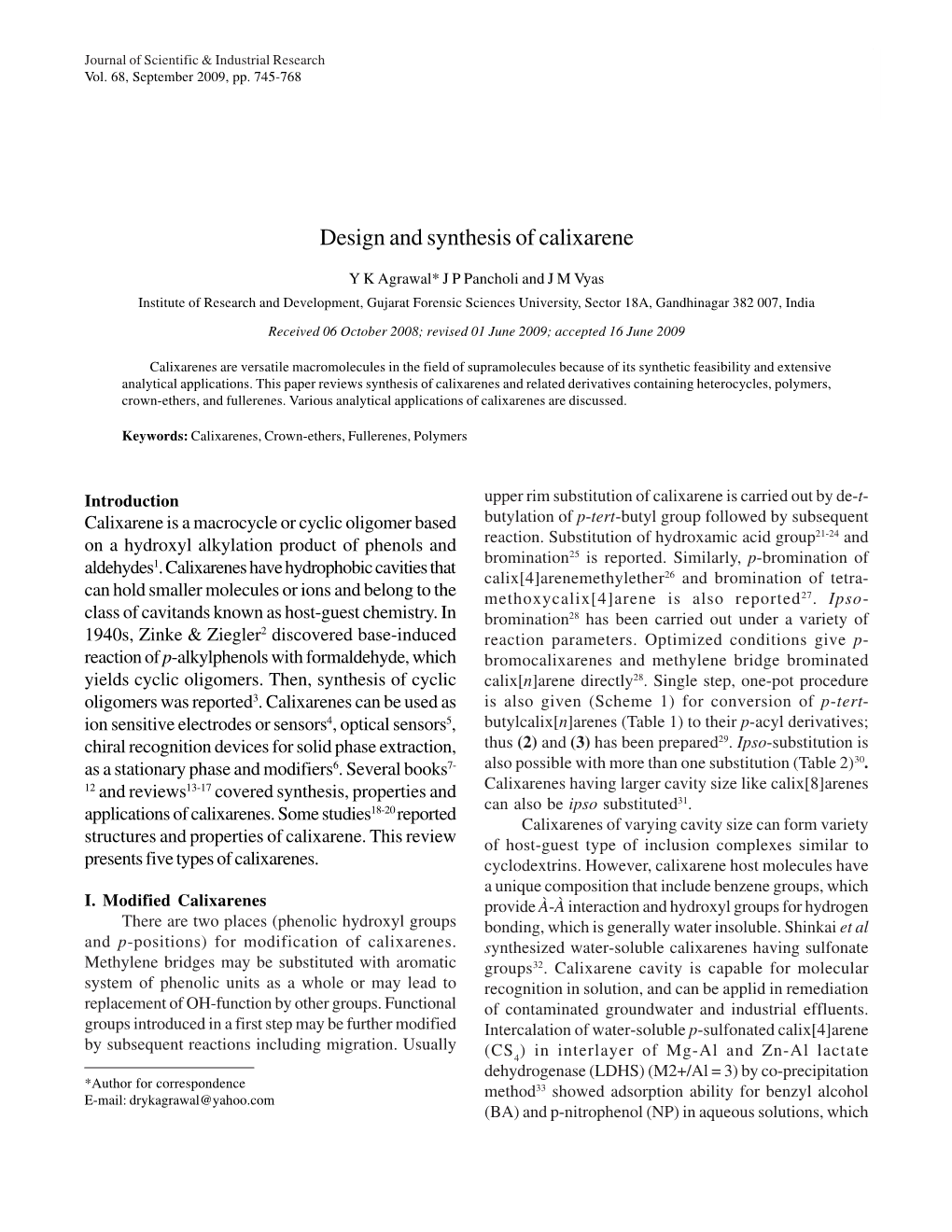 DESIGN and SYNTHESIS of CALIXARENE 745 Vol