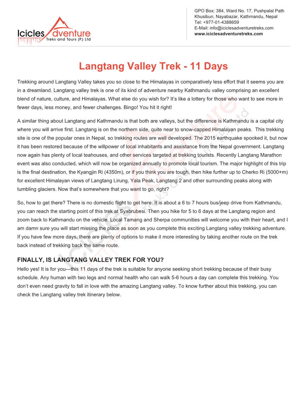 Langtang Valley Trek - 11 Days