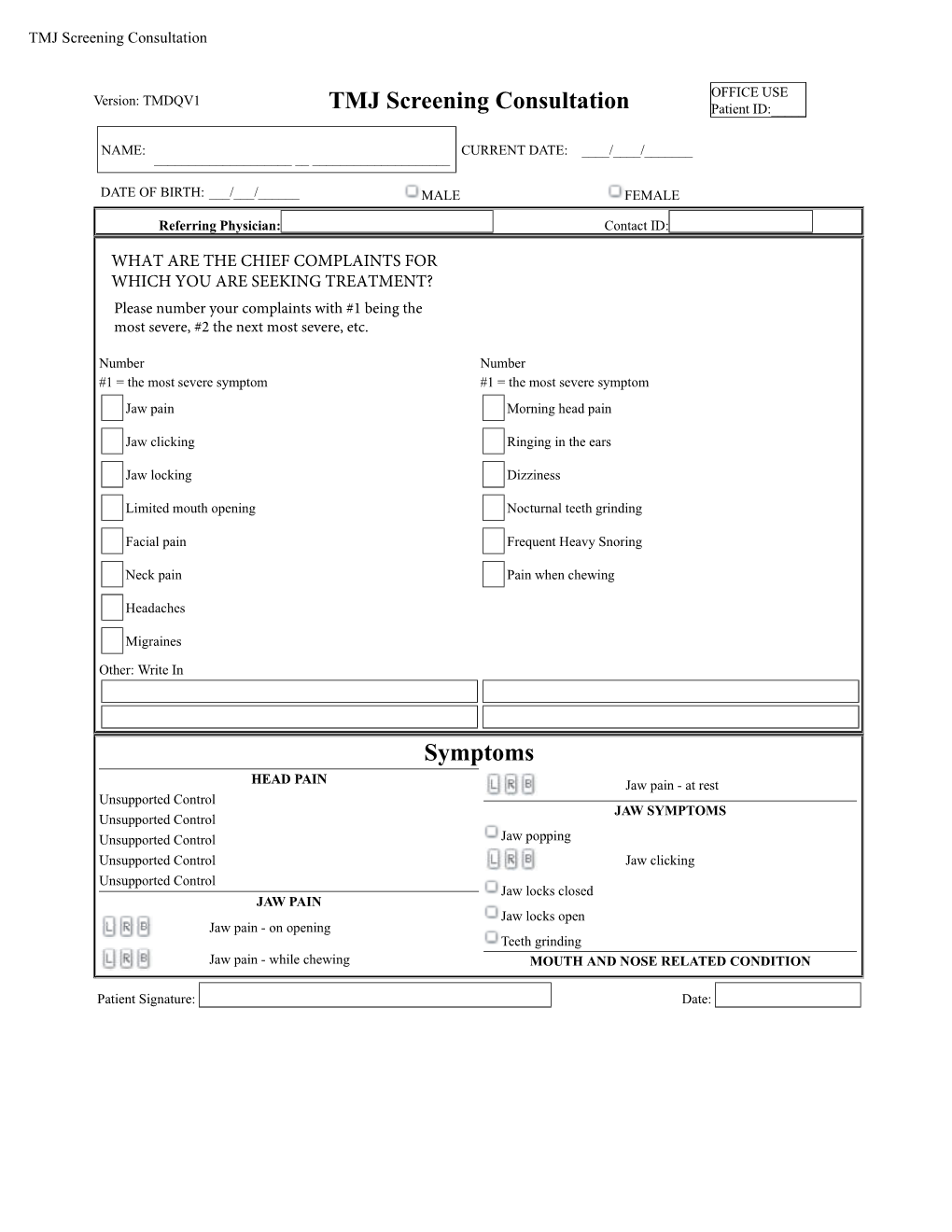 TMJ Screening Consultation Symptoms