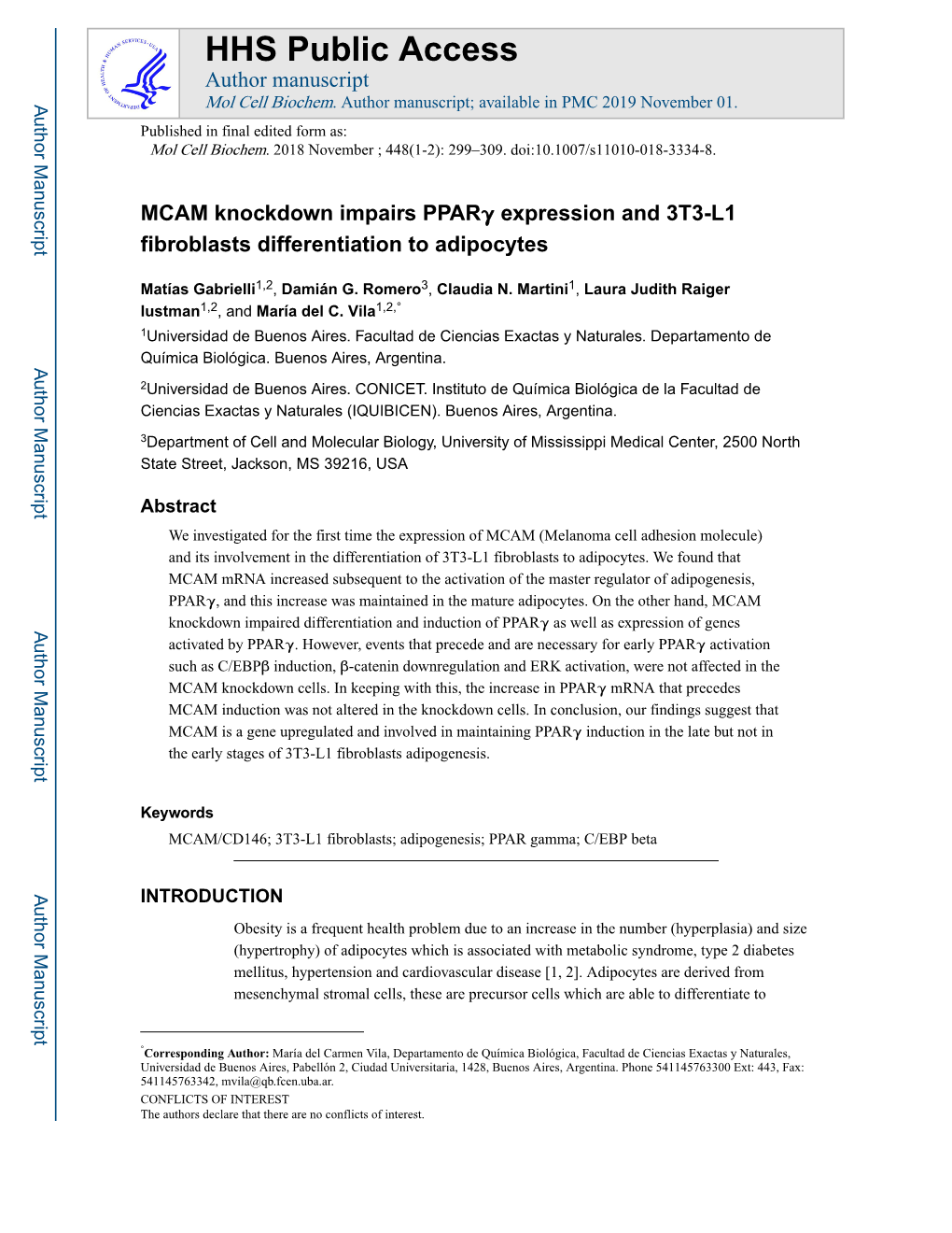 MCAM Knockdown Impairs Pparγ Expression and 3T3-L1 Fibroblasts Differentiation to Adipocytes