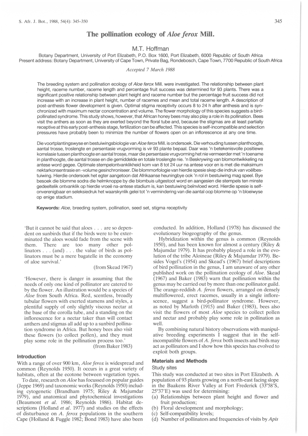 The Pollination Ecology of Aloe Ferox Mill