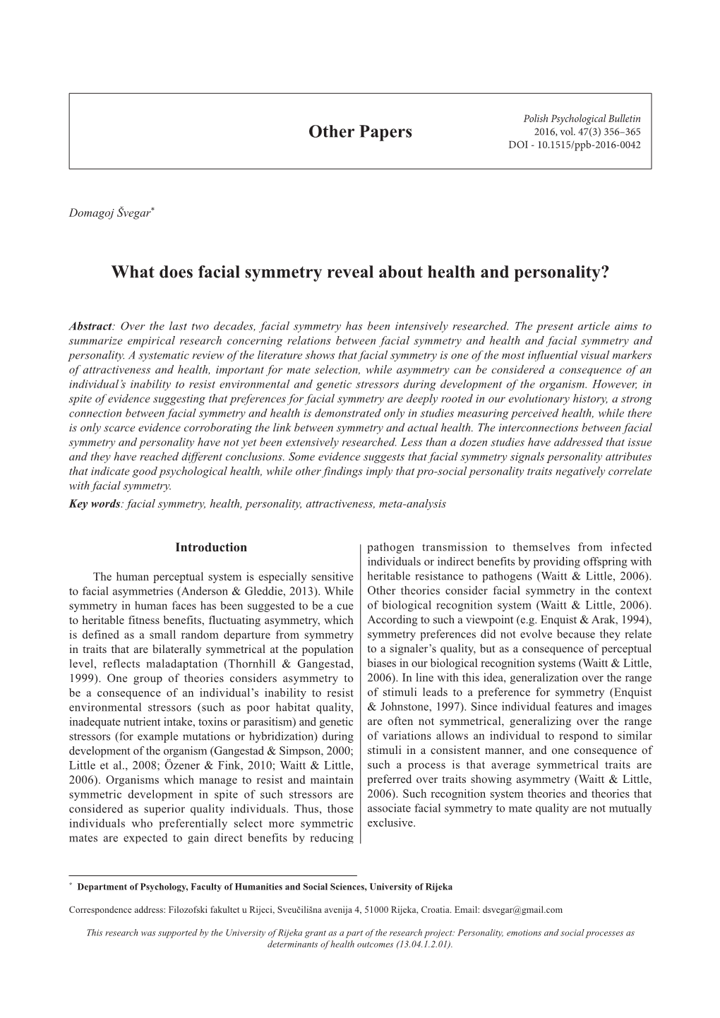 Other Papers What Does Facial Symmetry Reveal About