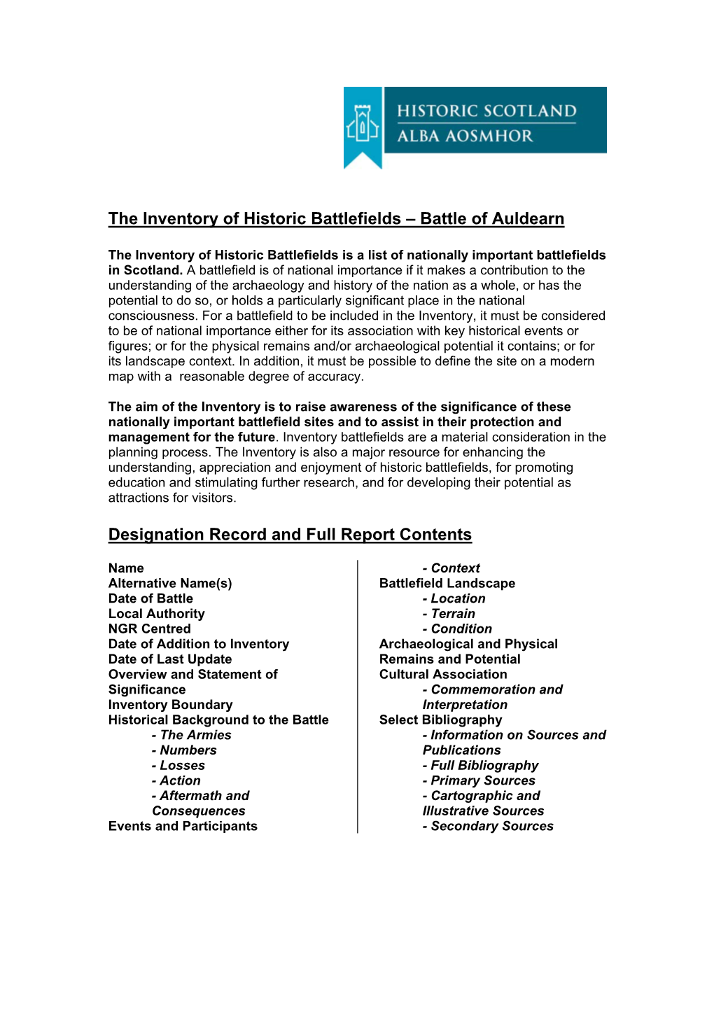 Battle of Auldearn Designation Record and Full Report Contents