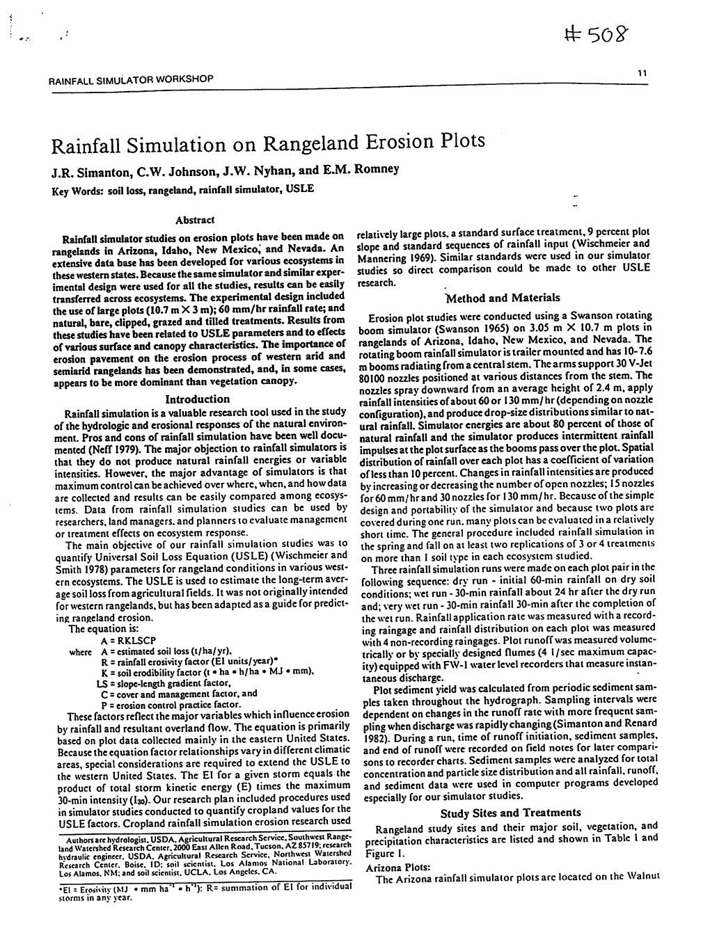 Rainfall Simulation on Rangeland Erosion Plots J.R