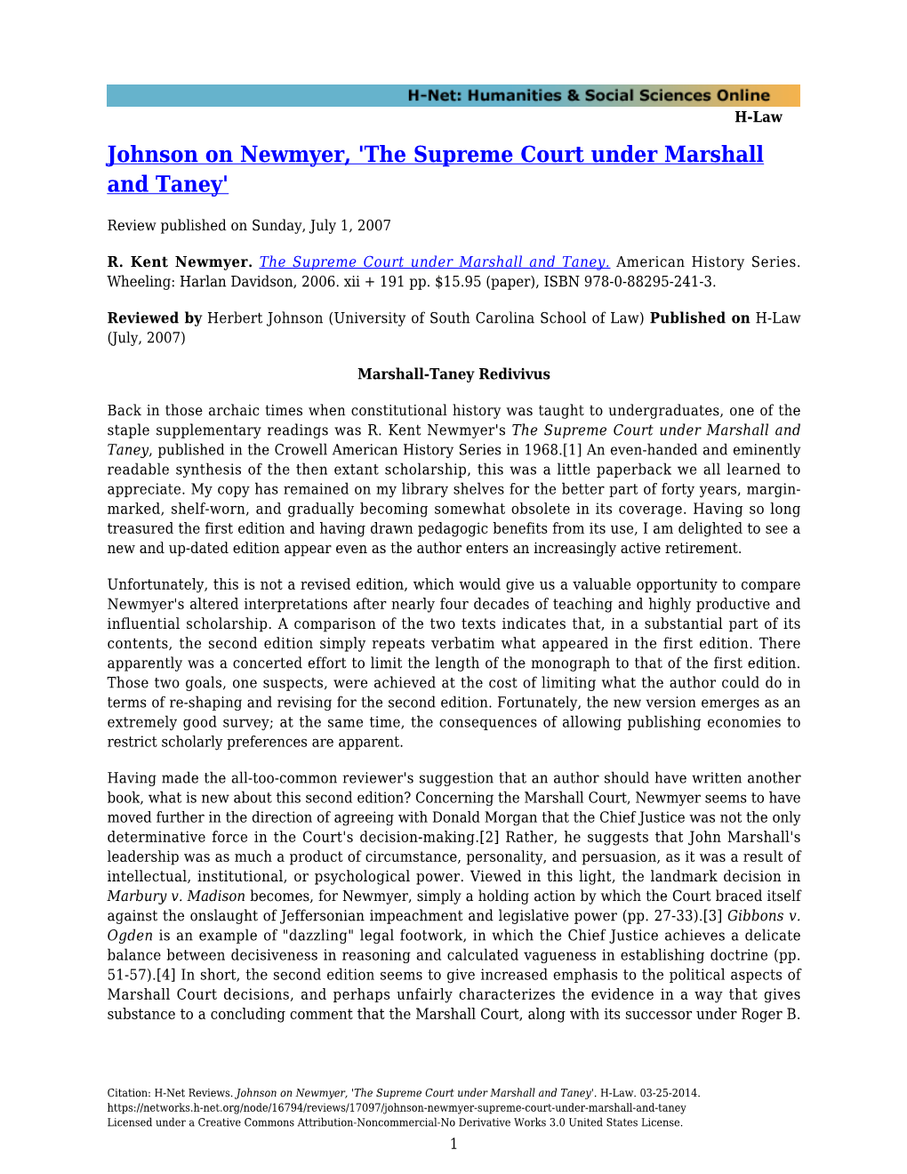 Johnson on Newmyer, 'The Supreme Court Under Marshall and Taney'