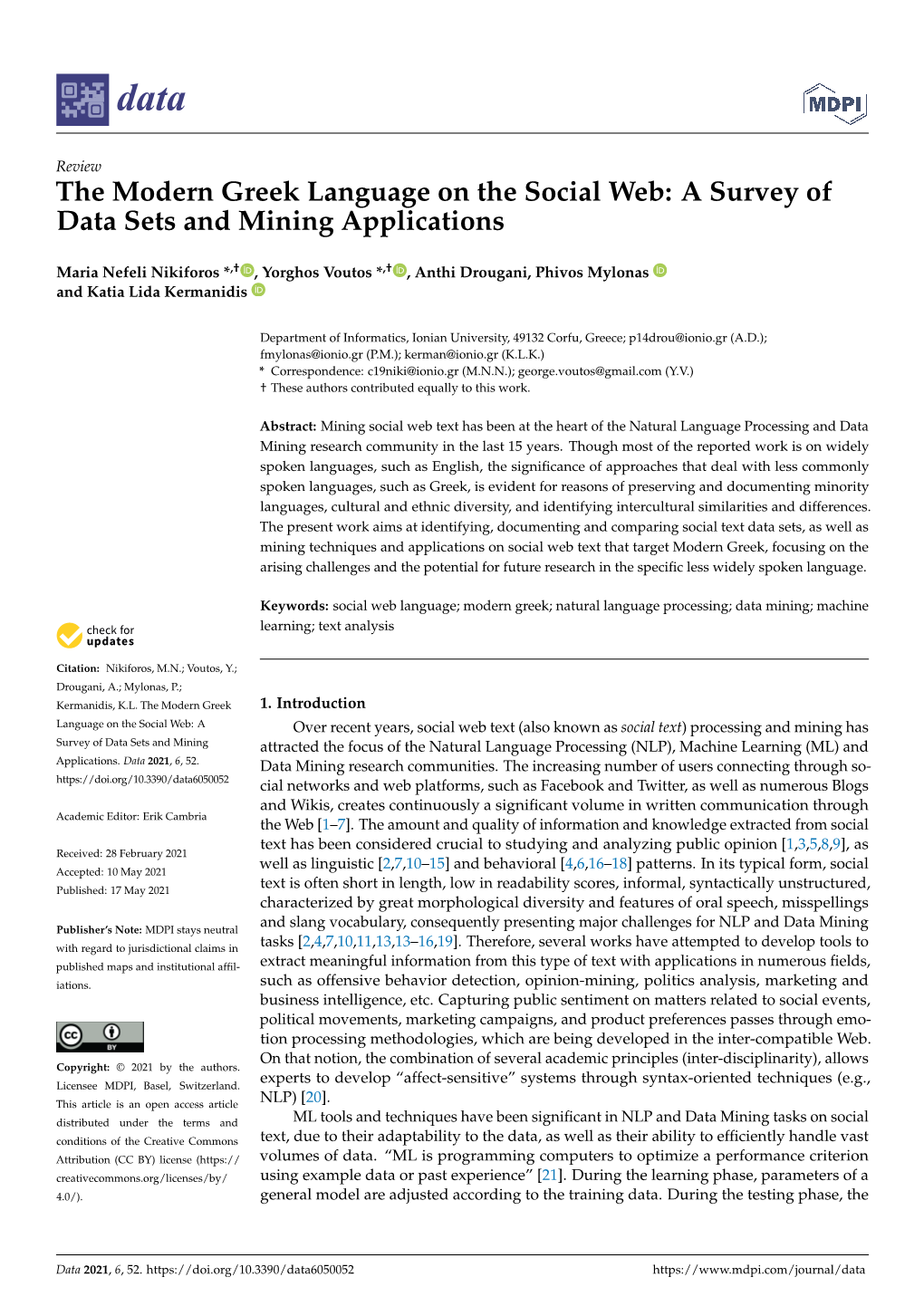 The Modern Greek Language on the Social Web: a Survey of Data Sets and Mining Applications