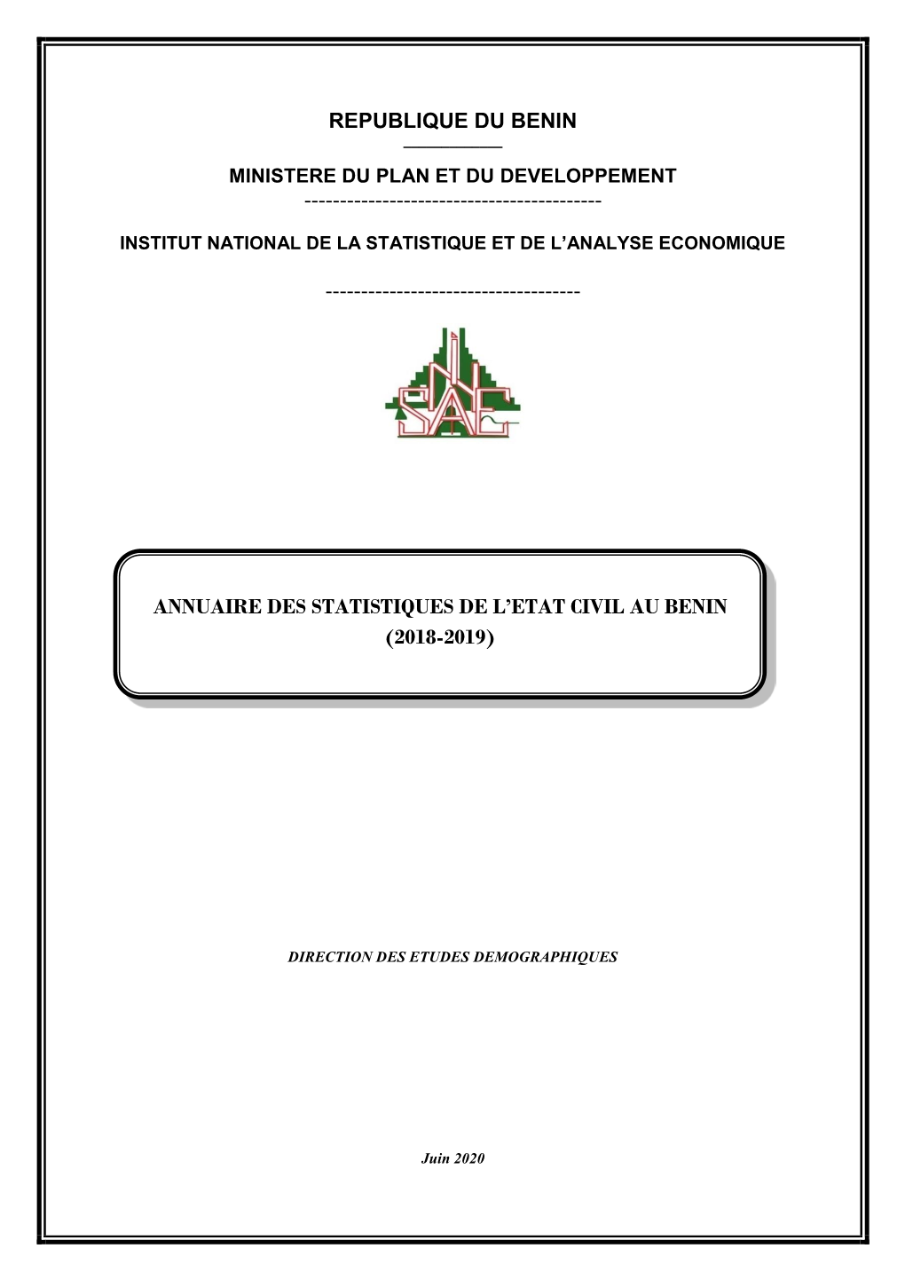 Annuaire Des Statistiques De L'etat Civil Au Benin (2018-2019