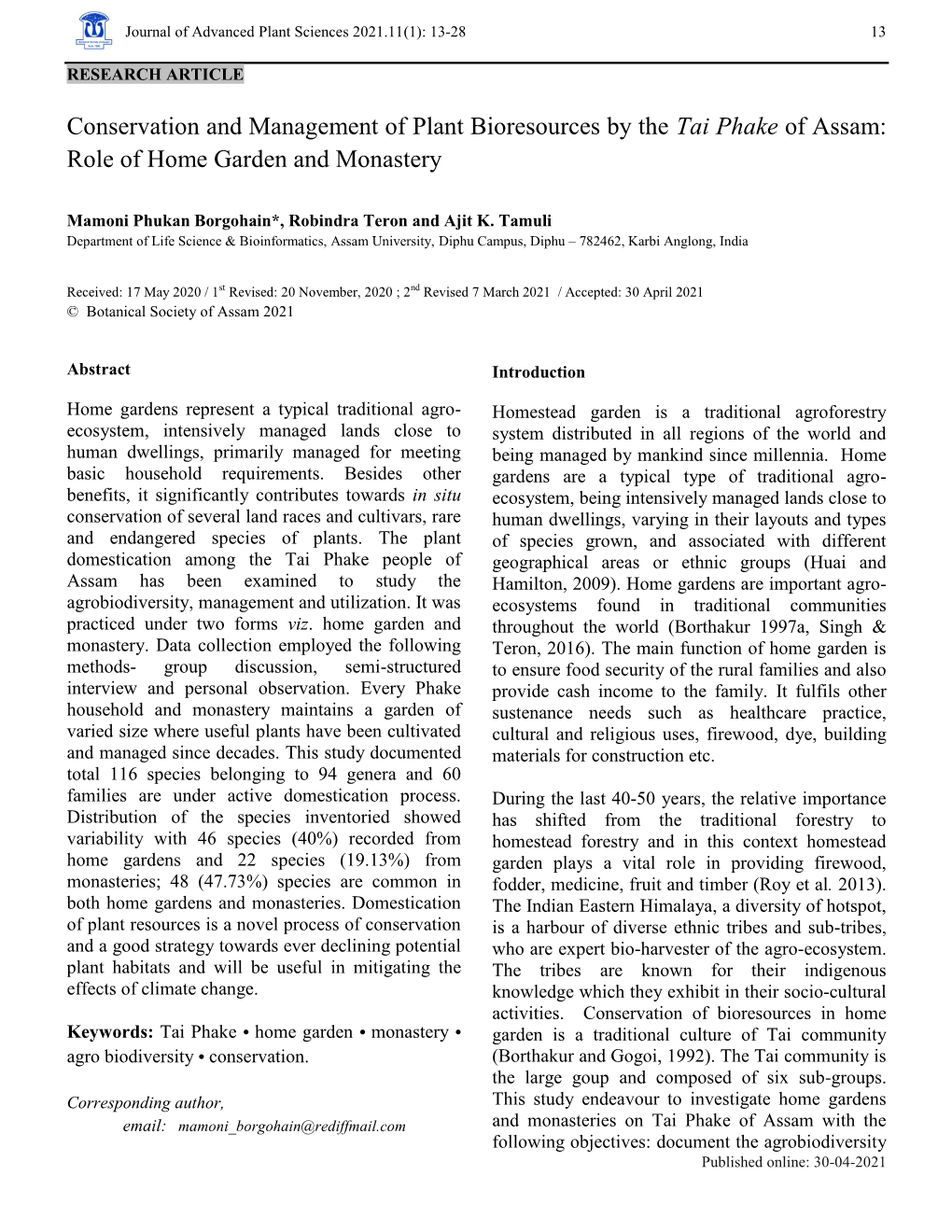 Conservation and Management of Plant Bioresources by the Tai Phake of Assam: Role of Home Garden and Monastery