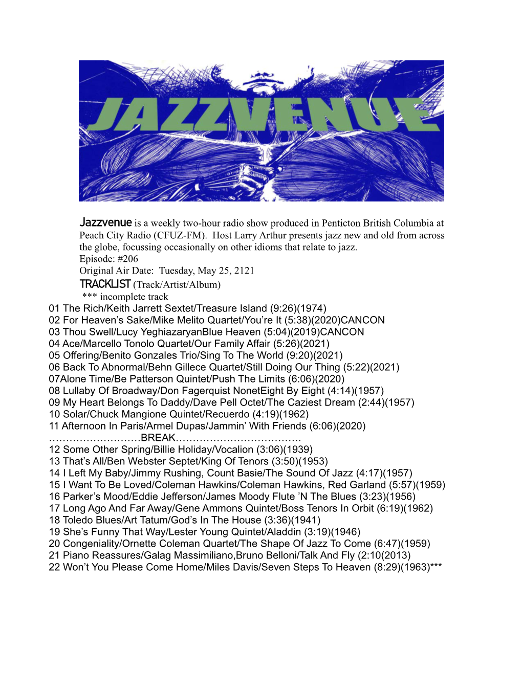 Jazzvenue #206 Tues, May 25, 2021 Playlist