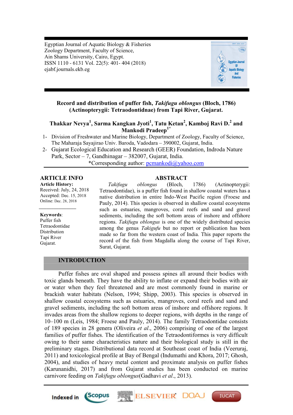 Record and Distribution of Puffer Fish, Takifugu Oblongus (Bloch, 1786) (Actinopterygii: Tetraodontidnae) from Tapi River, Gujarat