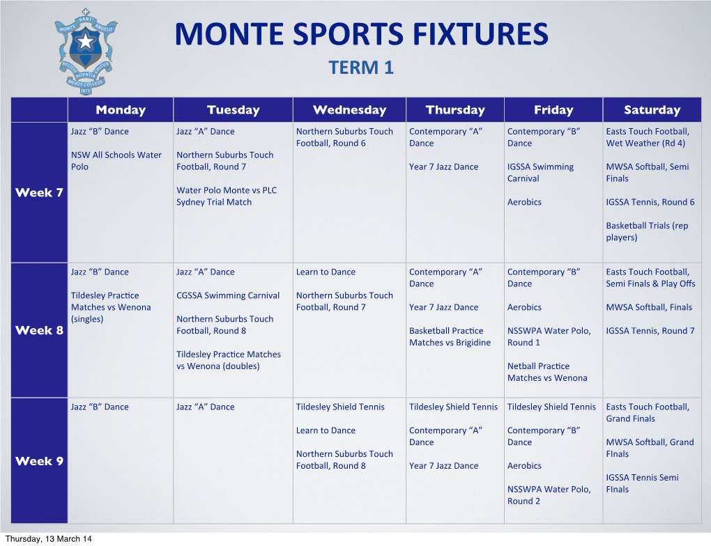 Monte Sports Fixtures Term 1