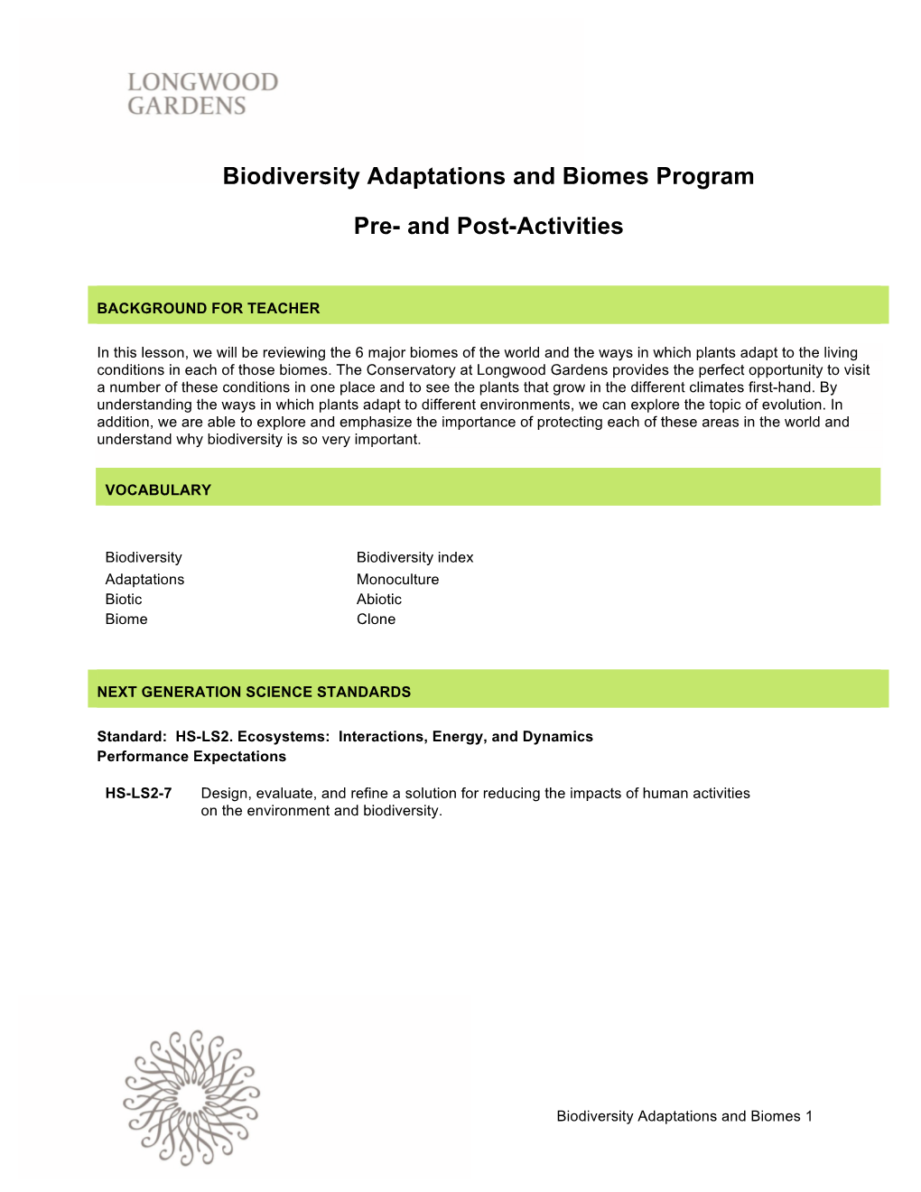 Biodiversity Adaptations and Biomes Program Pre- and Post-Activities