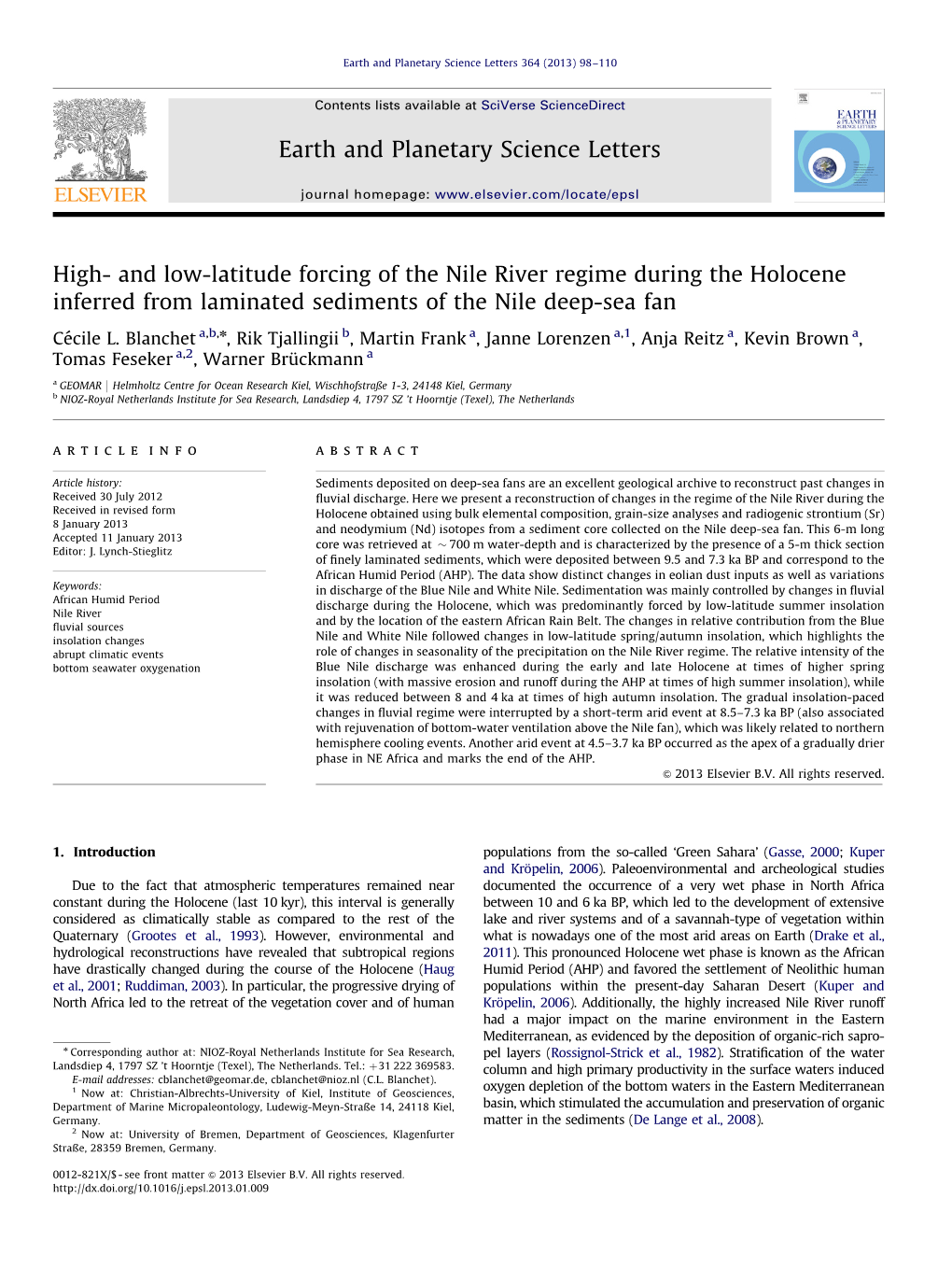 And Low-Latitude Forcing of the Nile River Regime During the Holocene Inferred from Laminated Sediments of the Nile Deep-Sea Fan