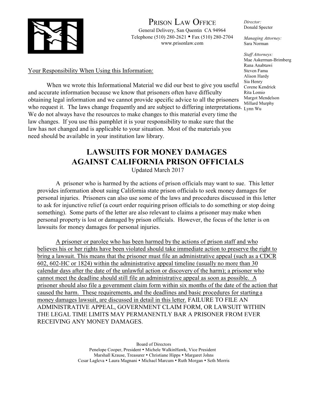 LAWSUITS for MONEY DAMAGES AGAINST CALIFORNIA PRISON OFFICIALS Updated March 2017