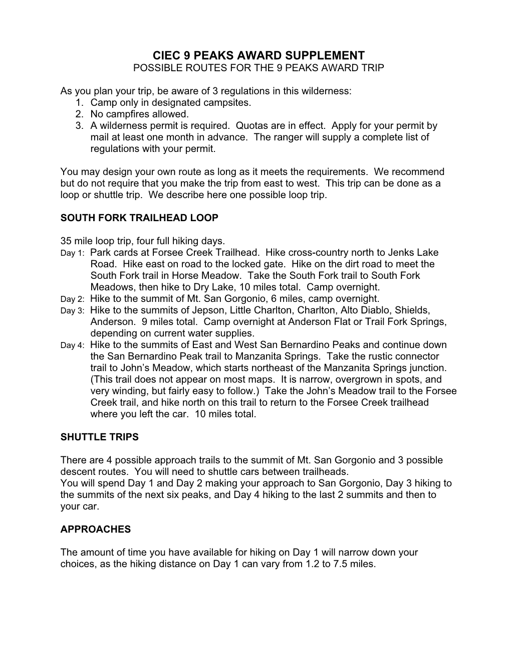 Ciec 9 Peaks Award Supplement Possible Routes for the 9 Peaks Award Trip