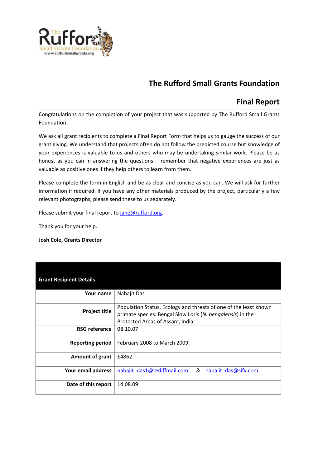 The Rufford Small Grants Foundation Final Report