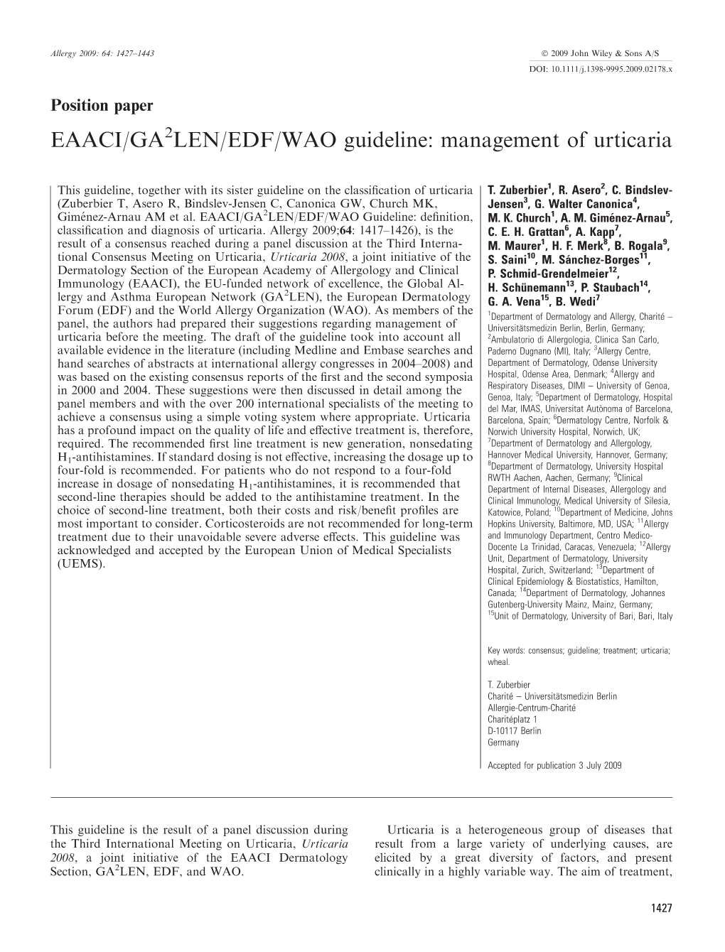 EAACI/GA LEN/EDF/WAO Guideline: Management Of