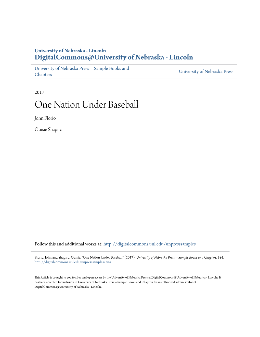 One Nation Under Baseball John Florio