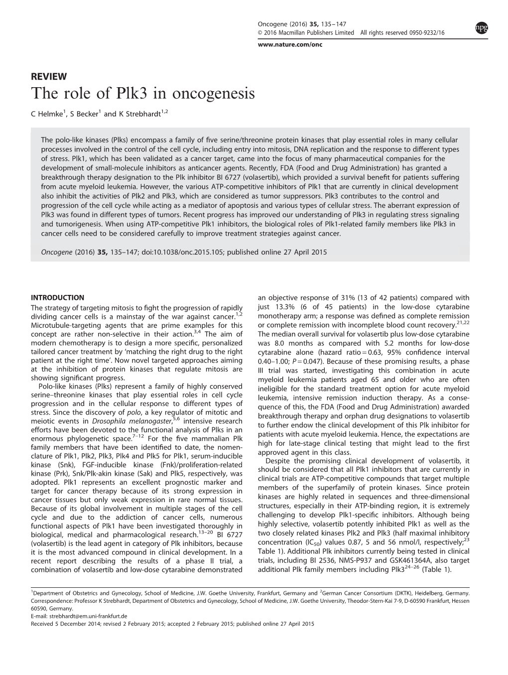 The Role of Plk3 in Oncogenesis