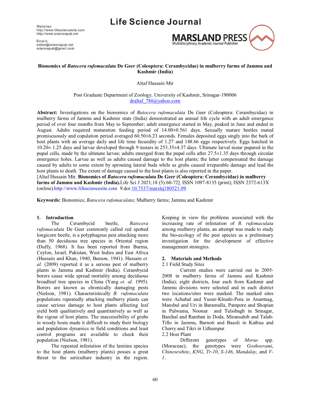 60 Bionomics of Batocera Rufomaculata De Geer