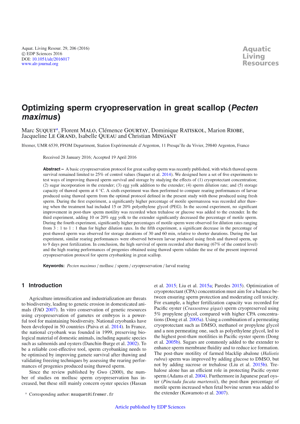 Optimizing Sperm Cryopreservation in Great Scallop (Pecten Maximus)