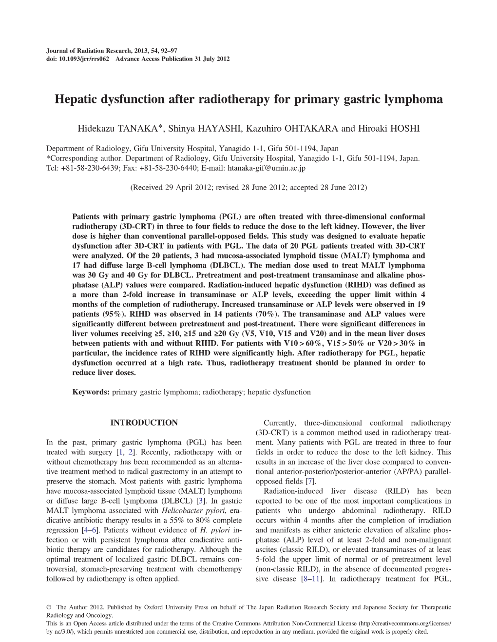 Hepatic Dysfunction After Radiotherapy for Primary Gastric Lymphoma