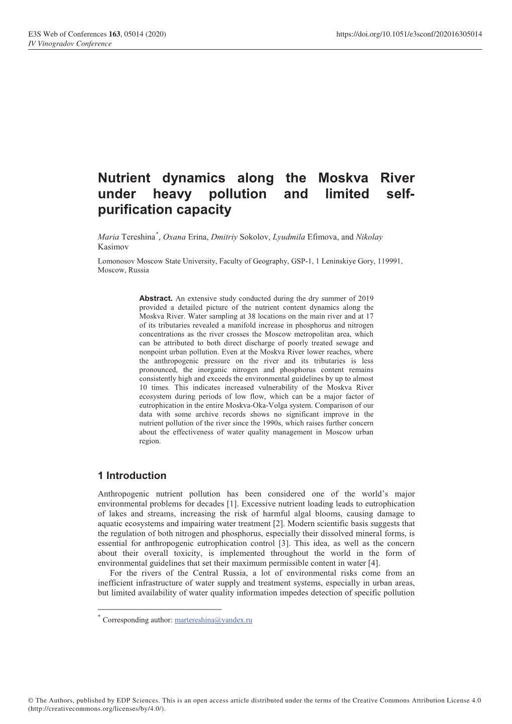 Nutrient Dynamics Along the Moskva River Under Heavy Pollution and Limited Self- Purification Capacity