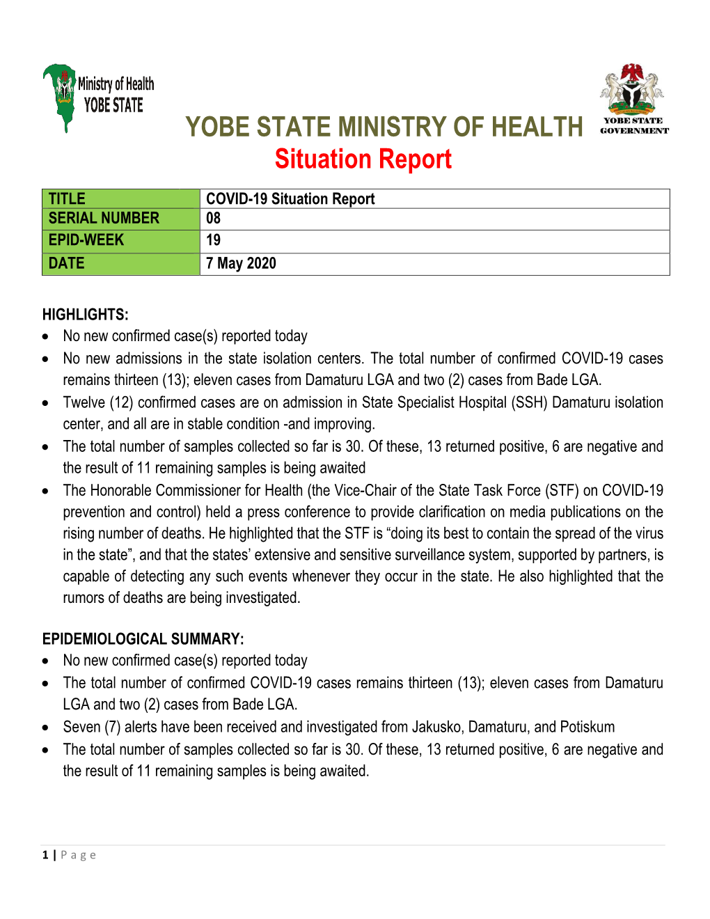 YOBE STATE MINISTRY of HEALTH Situation Report