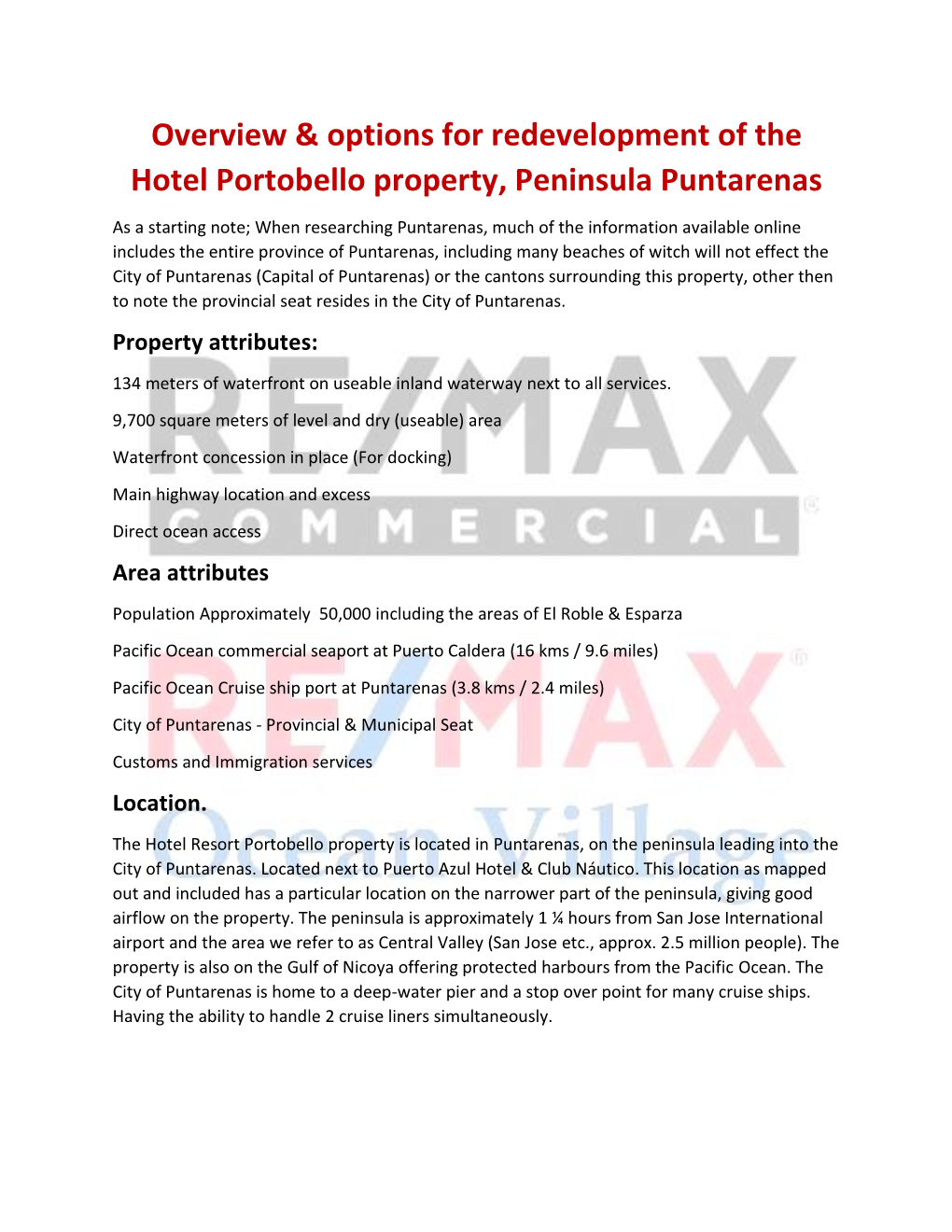 Overview & Options for Redevelopment of the Hotel Portobello Property, Peninsula Puntarenas