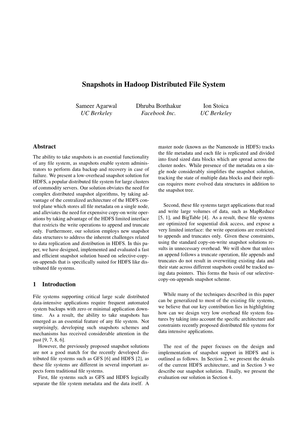 Snapshots in Hadoop Distributed File System