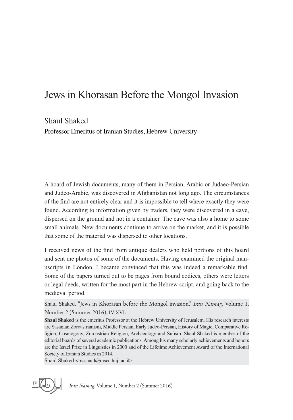 Jews in Khorasan Before the Mongol Invasion